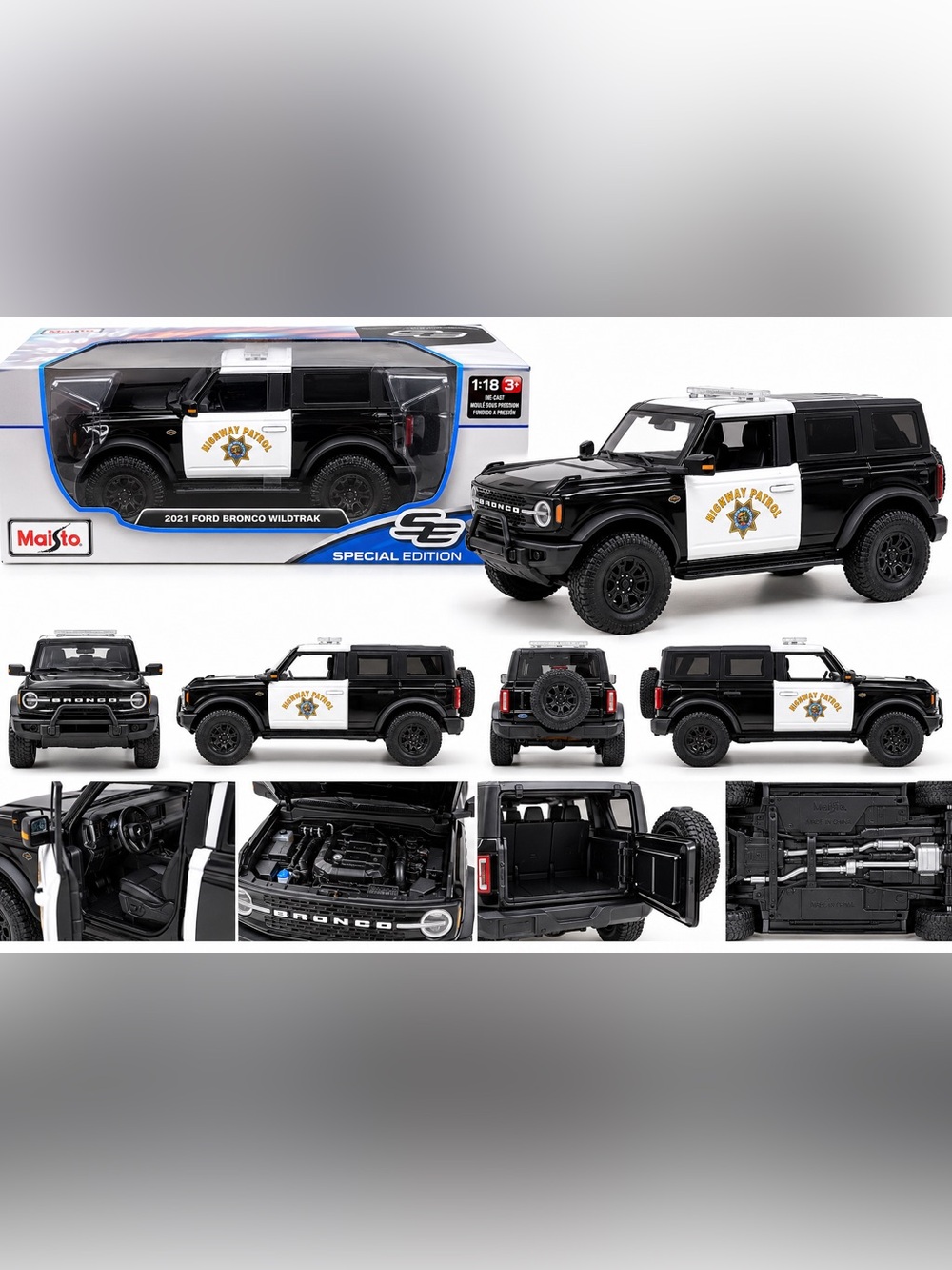 Maisto 2021 Ford Bronco Wildtrak Highway Patrol Die-Cast Toy - Black & White